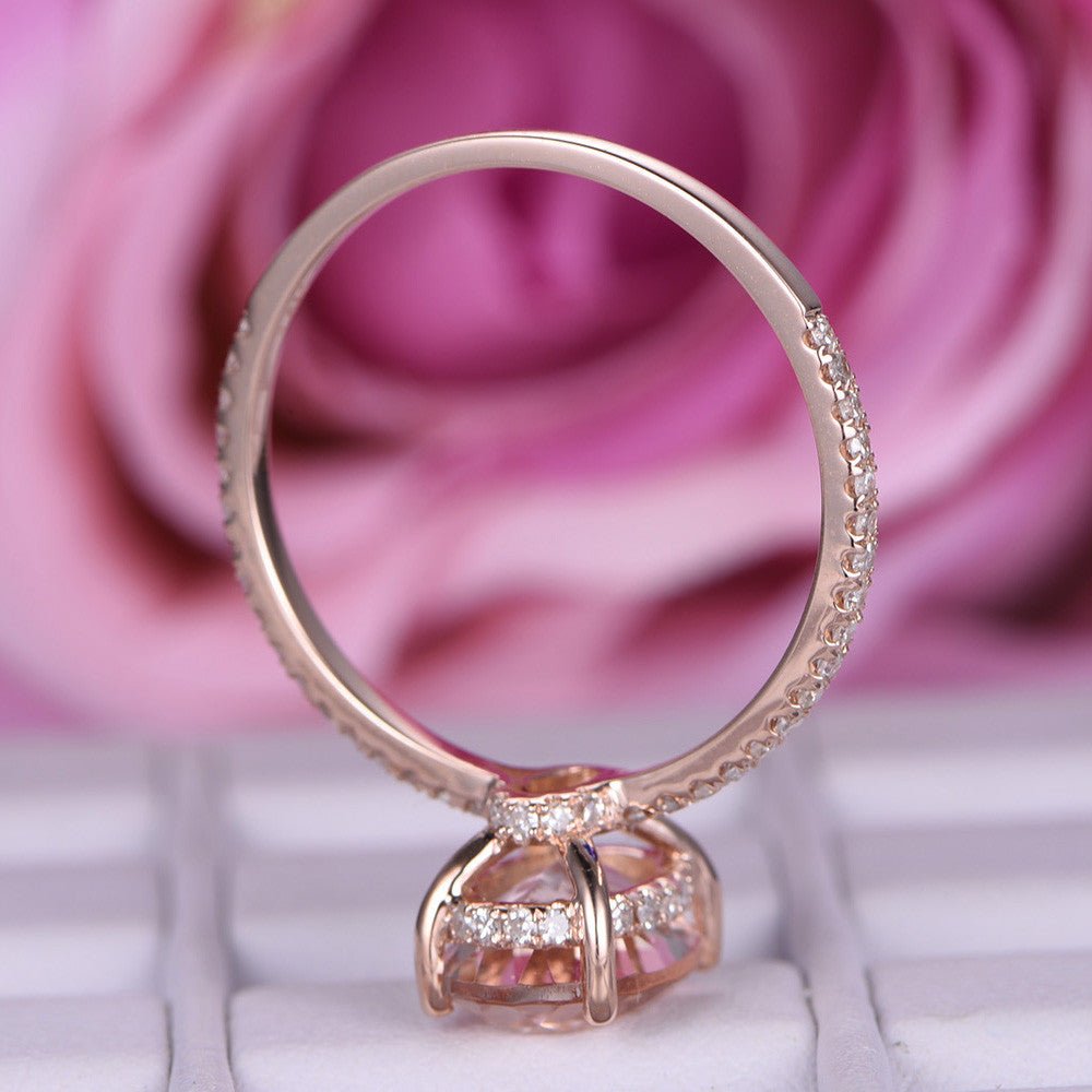 Oval Morganite Engagement Ring Diamond Hidden Halo 14K Rose Gold - Lord of Gem Rings