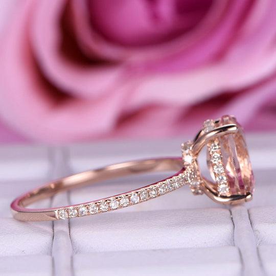 Oval Morganite Engagement Ring Diamond Hidden Halo 14K Rose Gold