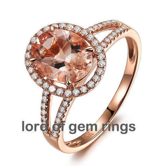 Oval Morganite Engagement Ring Diamond Split Shank 14K Rose Gold - Lord of Gem Rings