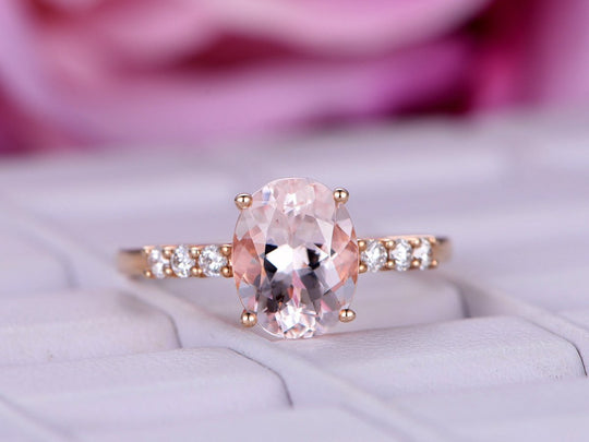 Oval Morganite Engagement Ring Moissanite Accent 14K Rose Gold