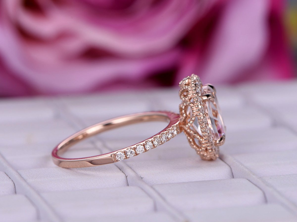 Oval Morganite Engagement Ring Moissanite Accent Milgrain Under Gallery - Lord of Gem Rings