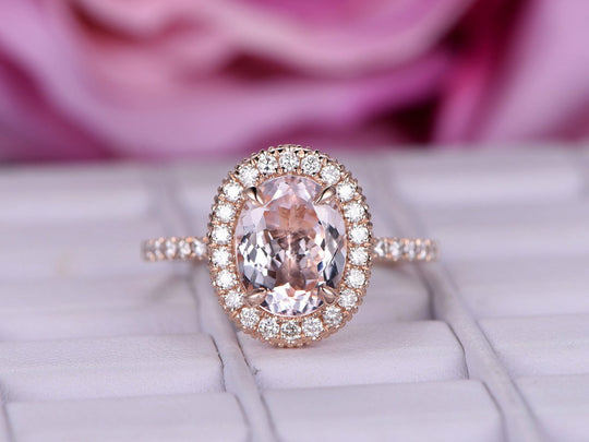 Oval Morganite Engagement Ring Moissanite Accent Milgrain Under Gallery
