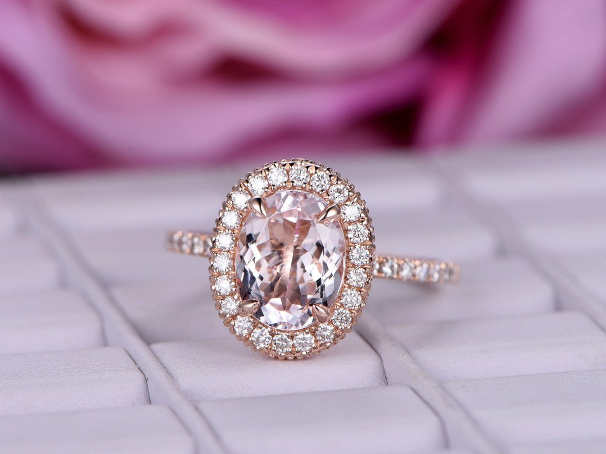 Oval Morganite Engagement Ring Moissanite Accent Milgrain Under Gallery - Lord of Gem Rings