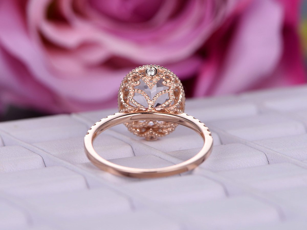 Oval Morganite Engagement Ring Moissanite Accent Milgrain Under Gallery - Lord of Gem Rings