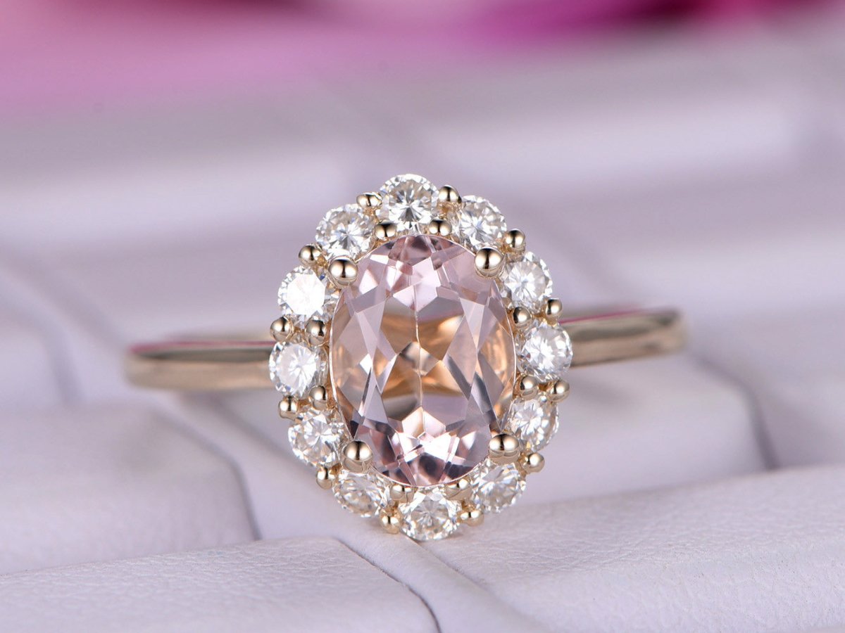 Oval Morganite Engagement Ring Moissanite Halo 14K Yellow Gold - Lord of Gem Rings