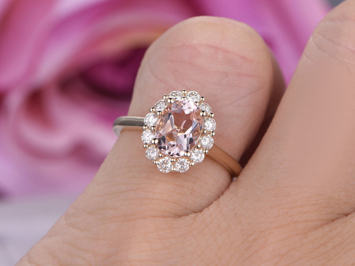 Oval Morganite Engagement Ring Moissanite Halo 14K Yellow Gold - Lord of Gem Rings