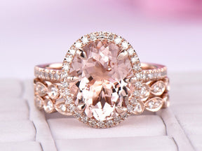 Oval Morganite Halo Ring Art Deco Diamond Accents Trio Bridal Set - Lord of Gem Rings