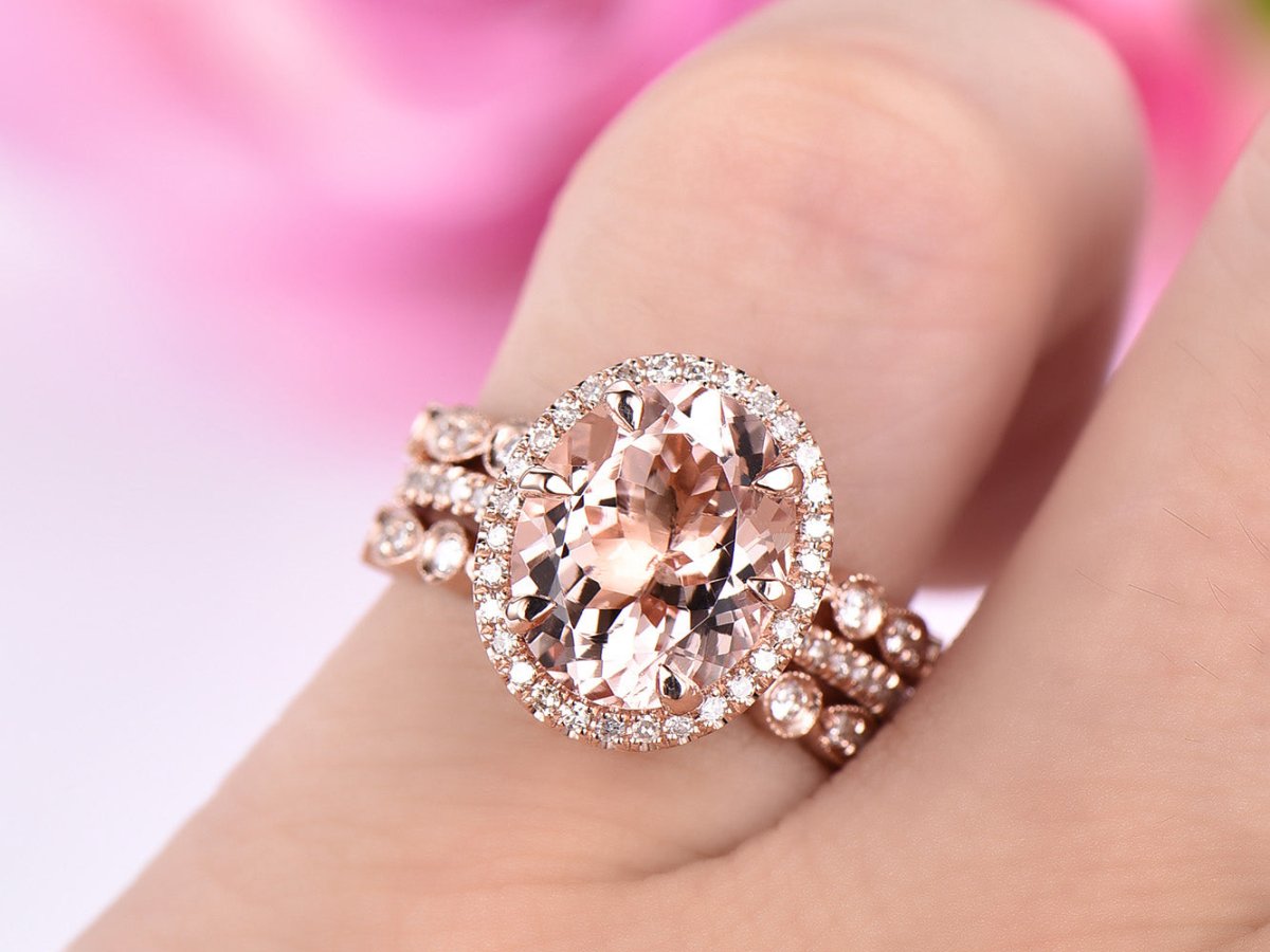 Oval Morganite Halo Ring Art Deco Diamond Accents Trio Bridal Set - Lord of Gem Rings