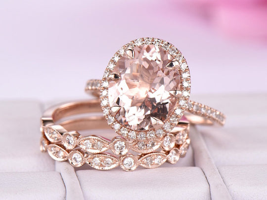 3ct Oval Morganite Halo Ring Art Deco Trio Bridal Set