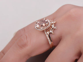 Oval Morganite Halo Ring Moissanite Tiara Bridal Set 14K Rose Gold - Lord of Gem Rings