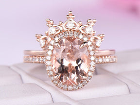 Oval Morganite Halo Ring Moissanite Tiara Bridal Set 14K Rose Gold - Lord of Gem Rings