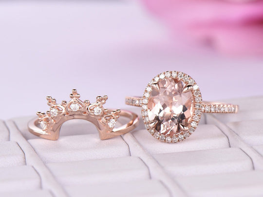 2.5ct Oval Morganite Halo Ring Tiara Bridal Set 14K Gold