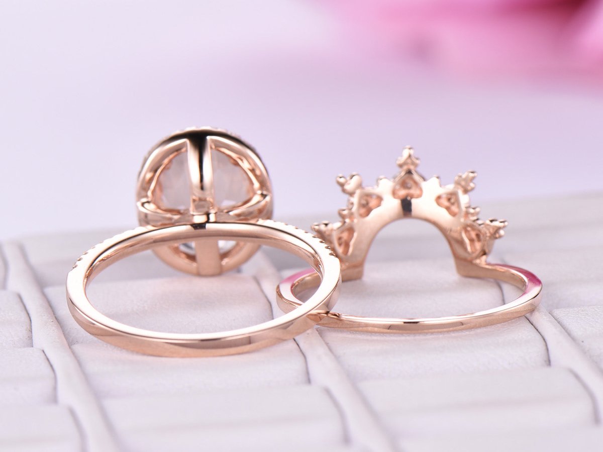 Oval Morganite Halo Ring Moissanite Tiara Bridal Set 14K Rose Gold - Lord of Gem Rings