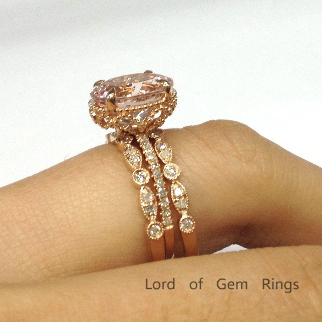 Oval Morganite Hidden Milgrain Ring with Art Deco Bands Trio Set - Lord of Gem Rings