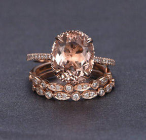 Oval Morganite Hidden Milgrain Ring with Art Deco Bands Trio Set - Lord of Gem Rings