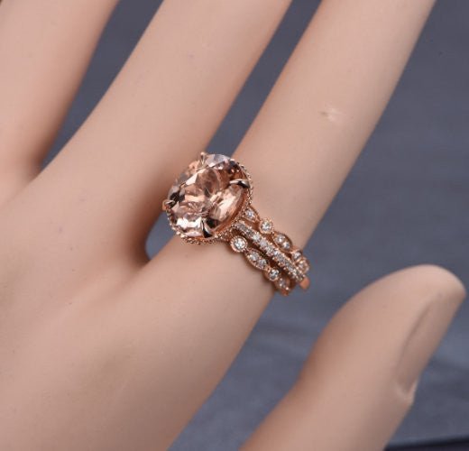 Oval Morganite Hidden Milgrain Ring with Art Deco Bands Trio Set - Lord of Gem Rings