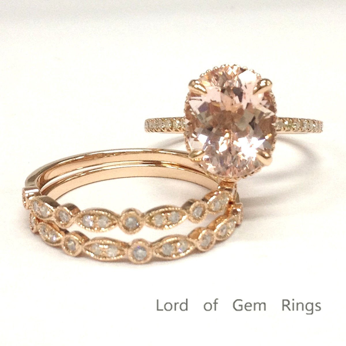 Oval Morganite Hidden Milgrain Ring with Art Deco Bands Trio Set - Lord of Gem Rings