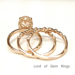 Oval Morganite Hidden Milgrain Ring with Art Deco Bands Trio Set - Lord of Gem Rings