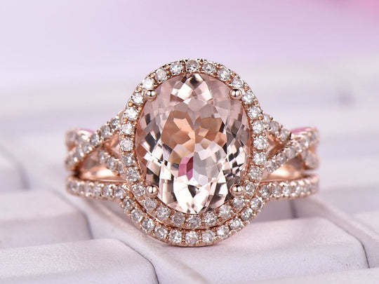 2.4ct Oval Morganite Infinity Ring Diamond Bridal Set