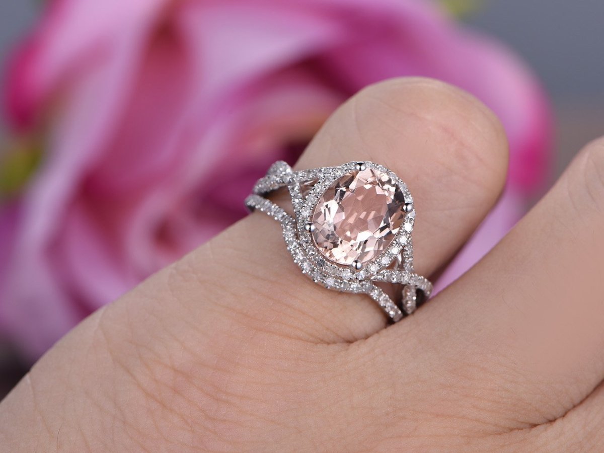 Oval Morganite Infinity Ring Diamond Bridal Set - Lord of Gem Rings