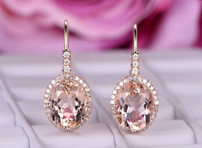Oval Morganite Leverback Earrings Pave Diamond Halo 14K Rose gold - Lord of Gem Rings
