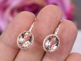 Oval Morganite Leverback Earrings Pave Diamond Halo 14K Rose gold - Lord of Gem Rings
