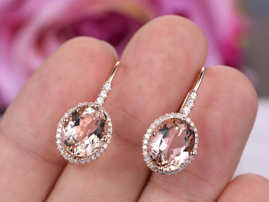 Oval Morganite Leverback Earrings Pave Diamond Halo 14K Rose gold