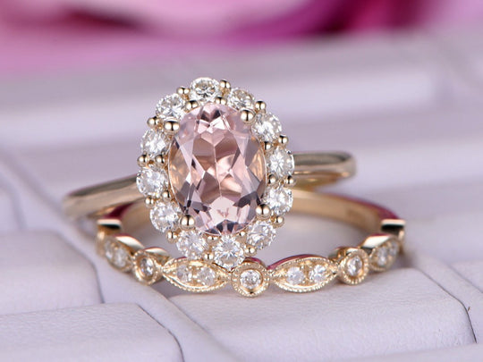 Oval Morganite Moissanite Halo Ring Art Deco Bridal Set 14K Gold