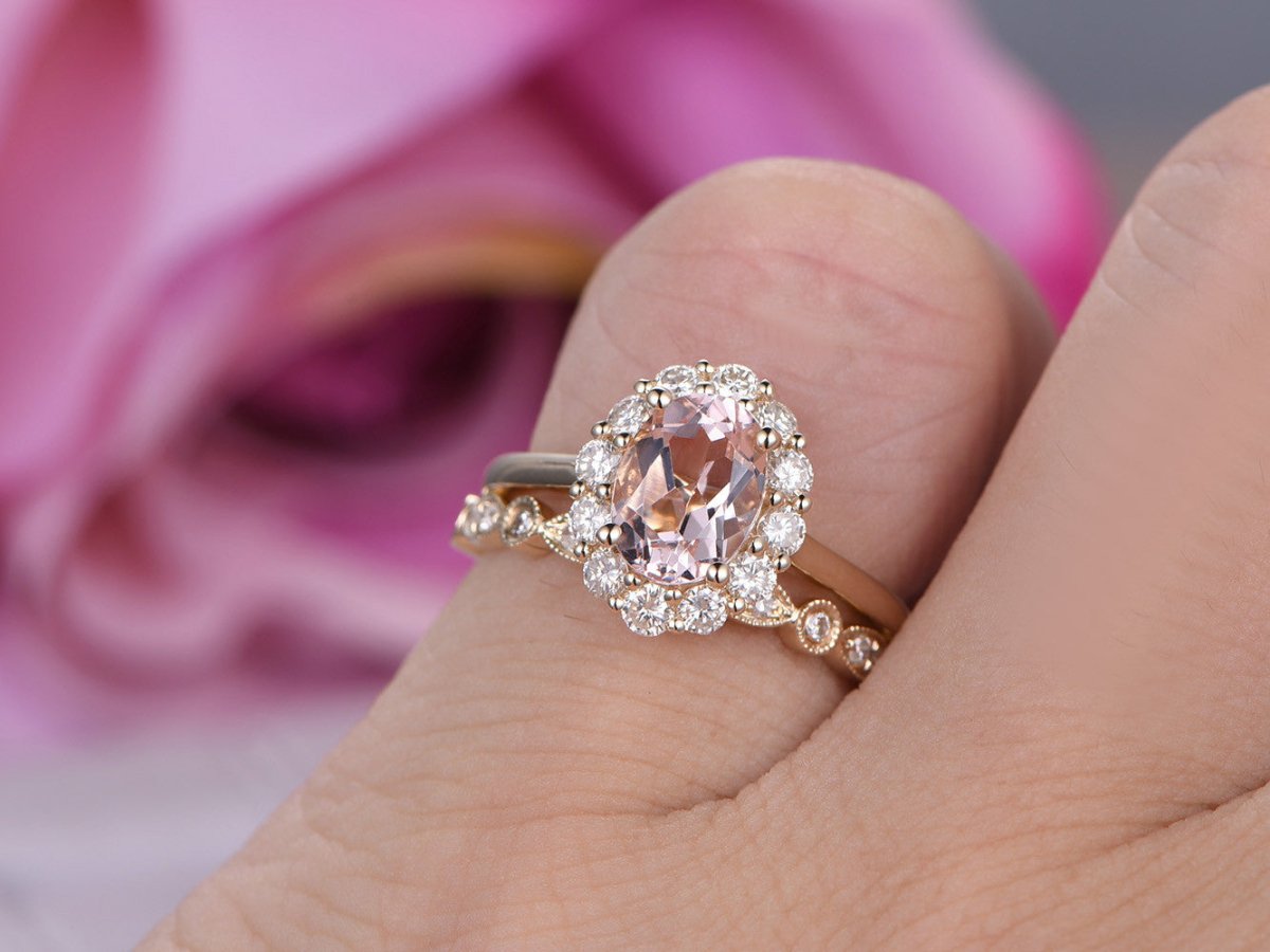 Oval Morganite Moissanite Halo Ring Art Deco Bridal Set 14K Gold - Lord of Gem Rings