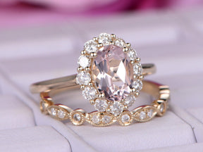 Oval Morganite Moissanite Halo Ring Art Deco Bridal Set 14K Gold - Lord of Gem Rings