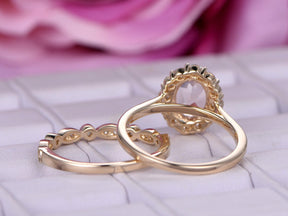 Oval Morganite Moissanite Halo Ring Art Deco Bridal Set 14K Gold - Lord of Gem Rings