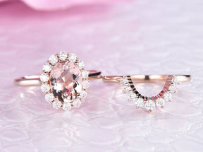 Oval Morganite Moissanite Tiara Bridal Set 14K Rose Gold - Lord of Gem Rings