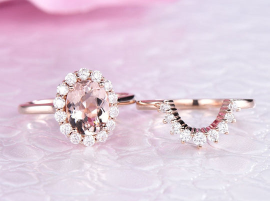 1.5ct Oval Morganite Engagement Halo Ring Tiara Bridal Set 14K Gold