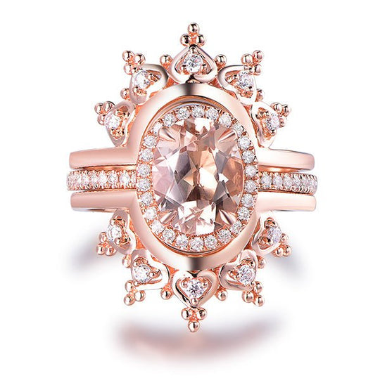 Oval Morganite Moissanite Tiara Ring Set 14k White Gold