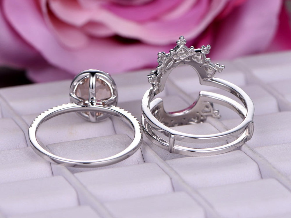 Oval Morganite Diamond Halo Moissanite Tiara Ring Set 14k White Gold