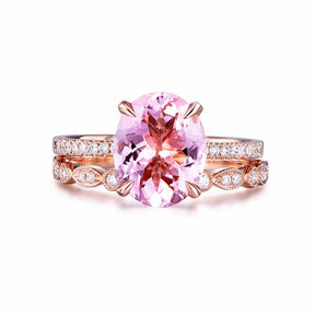 Oval Morganite Ring Art Deco Diamond Band Bridal Set - Lord of Gem Rings