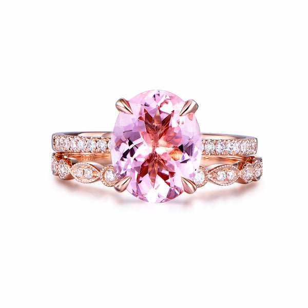 Oval Morganite Ring Art Deco Diamond Band Bridal Set - Lord of Gem Rings