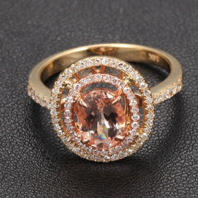 Oval Morganite Ring Diamond Double Halo 14K Yellow Gold - Lord of Gem Rings