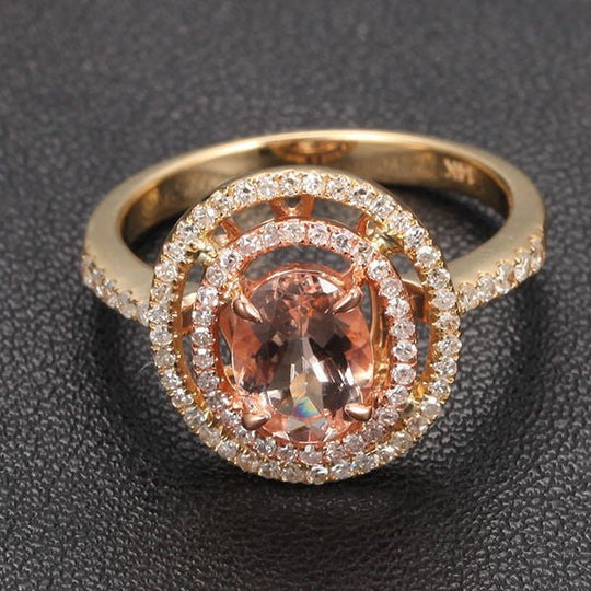 Oval Morganite Ring Diamond Double Halo 14K Yellow Gold