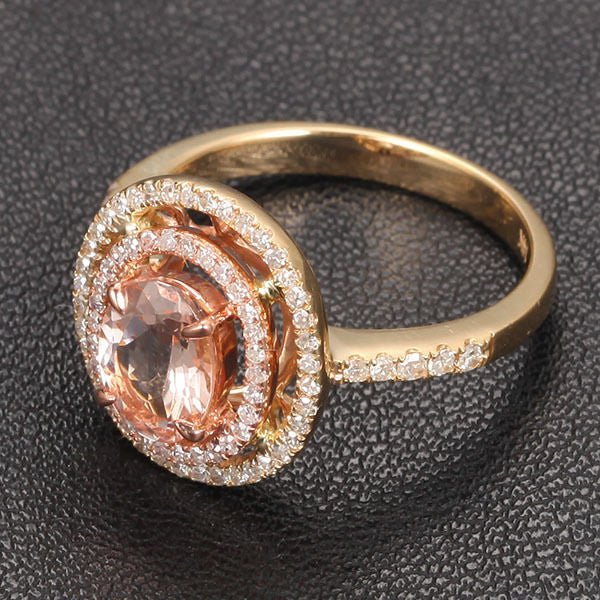 Oval Morganite Ring Diamond Double Halo 14K Yellow Gold - Lord of Gem Rings