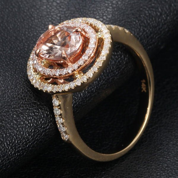 Oval Morganite Ring Diamond Double Halo 14K Yellow Gold - Lord of Gem Rings