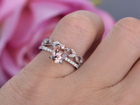 Oval Morganite Ring Diamond Floral Vine Bridal Set 14K White Gold - Lord of Gem Rings