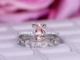 Oval Morganite Ring Diamond Floral Vine Bridal Set 14K White Gold - Lord of Gem Rings