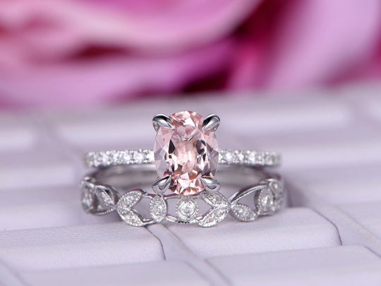 Oval Morganite Ring Diamond Floral Vine Bridal Set 14K White Gold