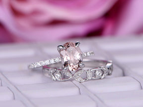 Oval Morganite Ring Diamond Floral Vine Bridal Set 14K White Gold - Lord of Gem Rings