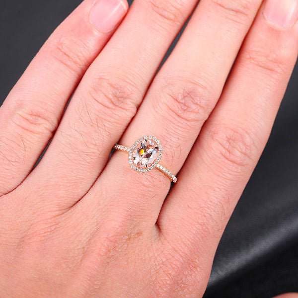 Oval Morganite Ring Diamond Halo 14K Gold - Lord of Gem Rings