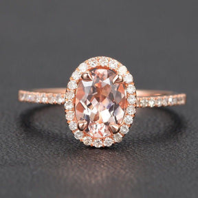 Oval Morganite Ring Diamond Halo 14K Gold - Lord of Gem Rings