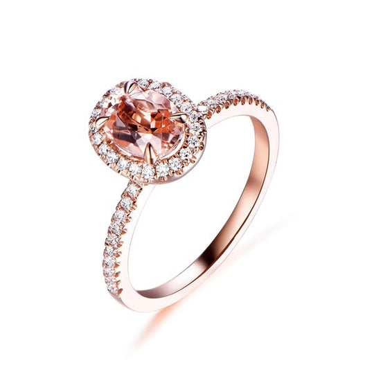 Oval Morganite Ring Diamond Halo 14K Gold