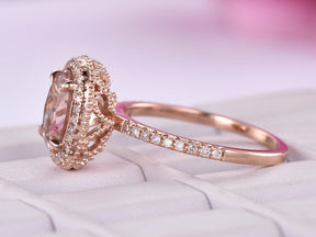 Oval Morganite Ring Milgrain Under Gallery Diamond Halo 14K Rose Gold - Lord of Gem Rings