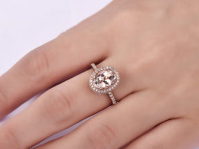 Oval Morganite Ring Milgrain Under Gallery Diamond Halo 14K Rose Gold - Lord of Gem Rings